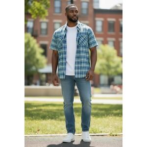 Rocawear Classic Mens 2XB Blue Green Plaid Short Sleeve Button Down Shirt Urban